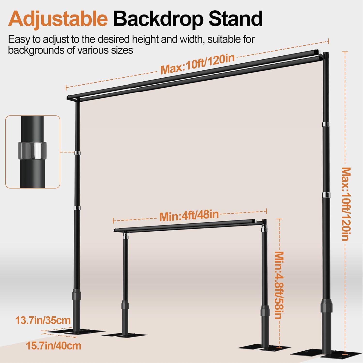Heavy Duty Backdrop Stand - 10x10ft, Double Crossbar Pipe and Drape Kit, Adjustable Metal Frame for Wedding & Birthday Party Decorations - Black