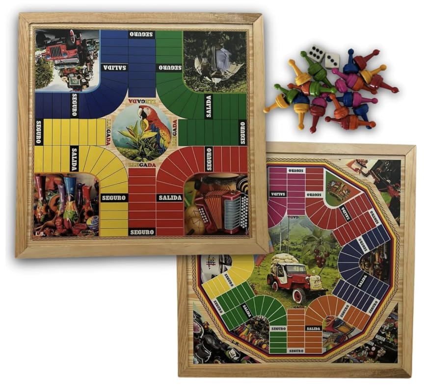 Generic PARQUES MAGNETICO Colombiano - Doble Cara - de 4 a 6 jugadores - Parcheesi Board Game 4 and 6 Players - Juego de Mesa - Parchis - Ludo - Tema con ilustraciones Colombianas. Large Wood