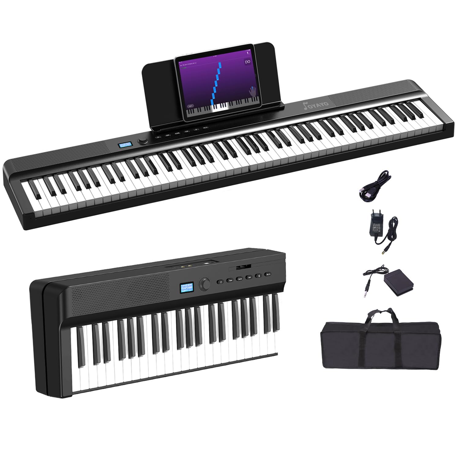 Faltbares Digitalpiano 88 Tasten, Halbgewichtete Tastatur in voller Größe, Bluetooth MIDI Keyboard, Tragbares E Piano mit Sustain-Pedal, Notenständer und Tragetasche für Anfänger