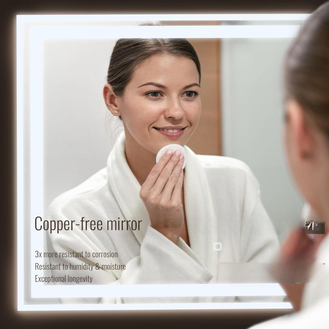 Close-up of a woman looking into the mirror, with text highlighting 'Copper-free mirror' and its benefits: 3x more resistant to corrosion, resistant to humidity & moisture, exceptional longevity.