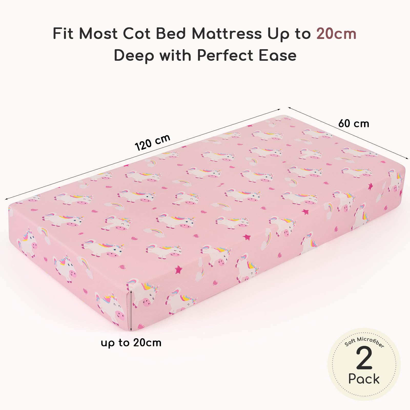 Yukkidds Cot Sheets 120x60 Fitted Cotbed Sheet 2 Pack Baby Cot Sheets Super Soft & Breathable Microfiber Pink Unicorn - Image 2