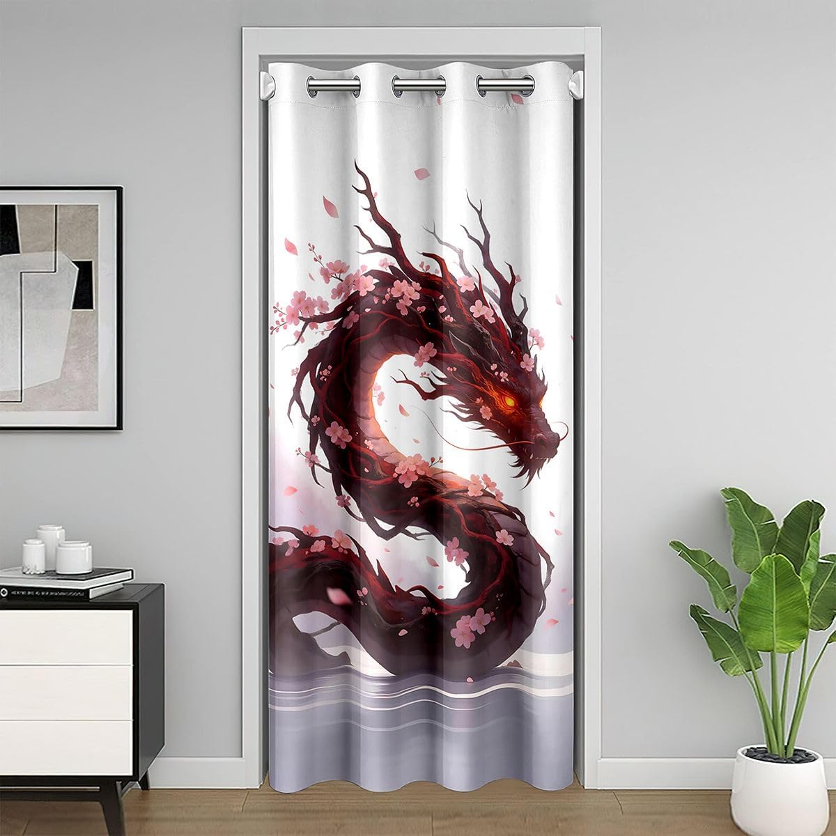 Manfei Golden Blossom Dragon Door Curtain Ethereal Water Blackout Curtains for Living Room Fantasy Sakura Japanese Bathroom Window Doorway Curtains & Drapes,W52 X L84 White Red