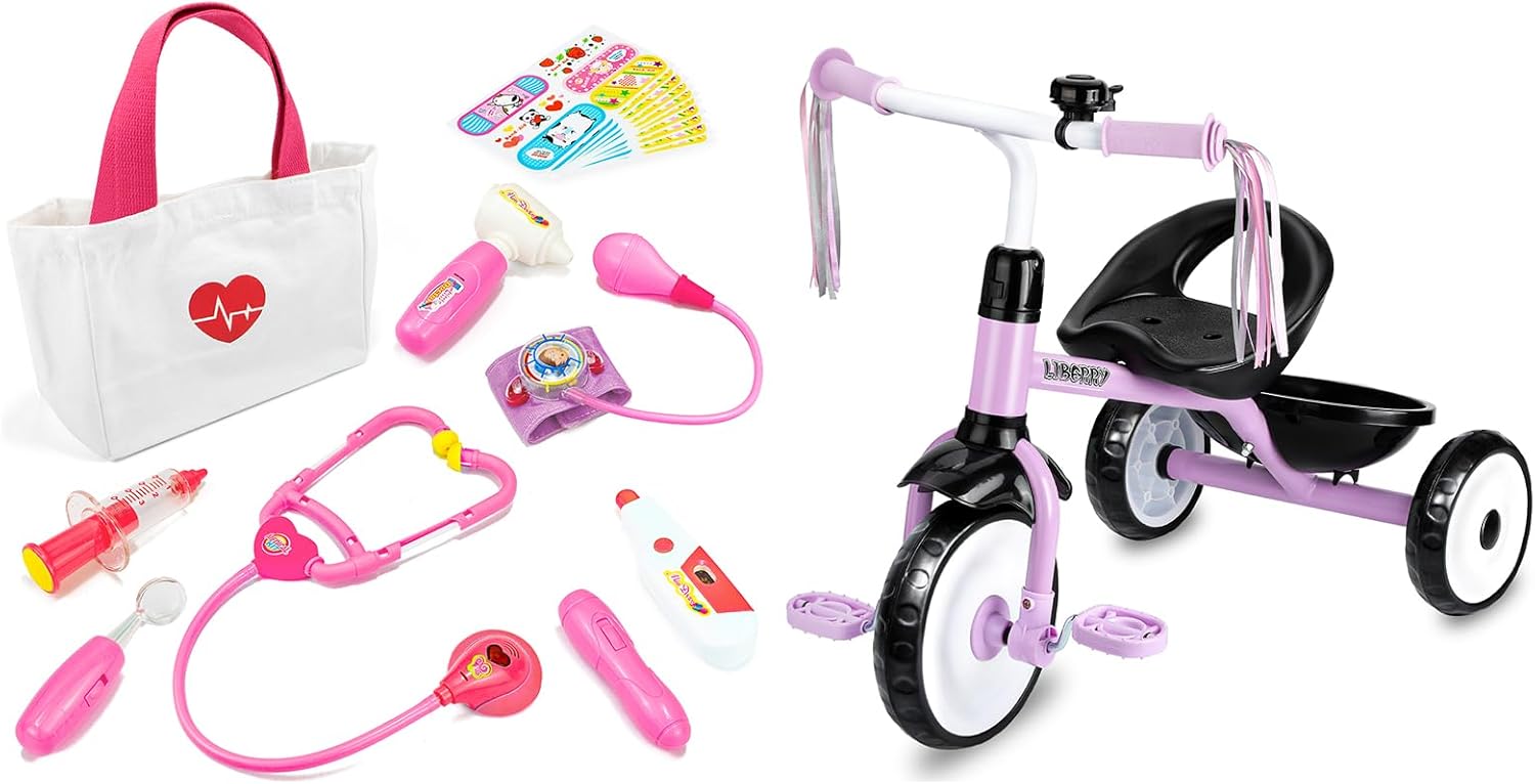 Liberry Toddler Toys for 2 3 4 Years Old Boys Girls Christmas Birthday Gift, Kids Tircycle and Pretend Doctor Kit with Bag
