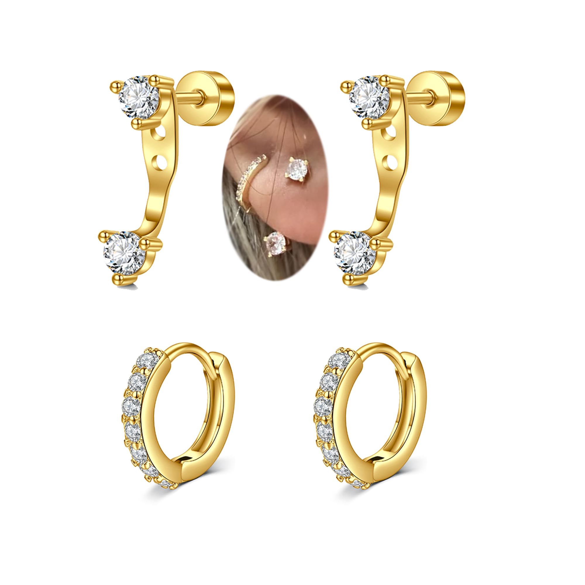 MODRSASilver Gold Cartilage Earring for Women Hypoallergenic Flat Back Earrings Threadless Helix Earring Tragus Studs 6mm Cartilage Jewelry Flatback Surgical Steel Butterfly Heart Earrings for Women