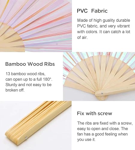 Miniatura 2 de Gionforsy 1 ventilador plegable Rave para mujer, ventilador de mano grande de bambú con tela de color brillante para festival (1 unidad, estilo 4,