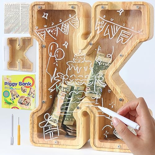 Mikytoper Letter Money Box for Kids Large Wooden Personalized A-Z Piggy Bank Clear Alphabet Money Bank Coin Bank for Gift Decoration Baptism (K)