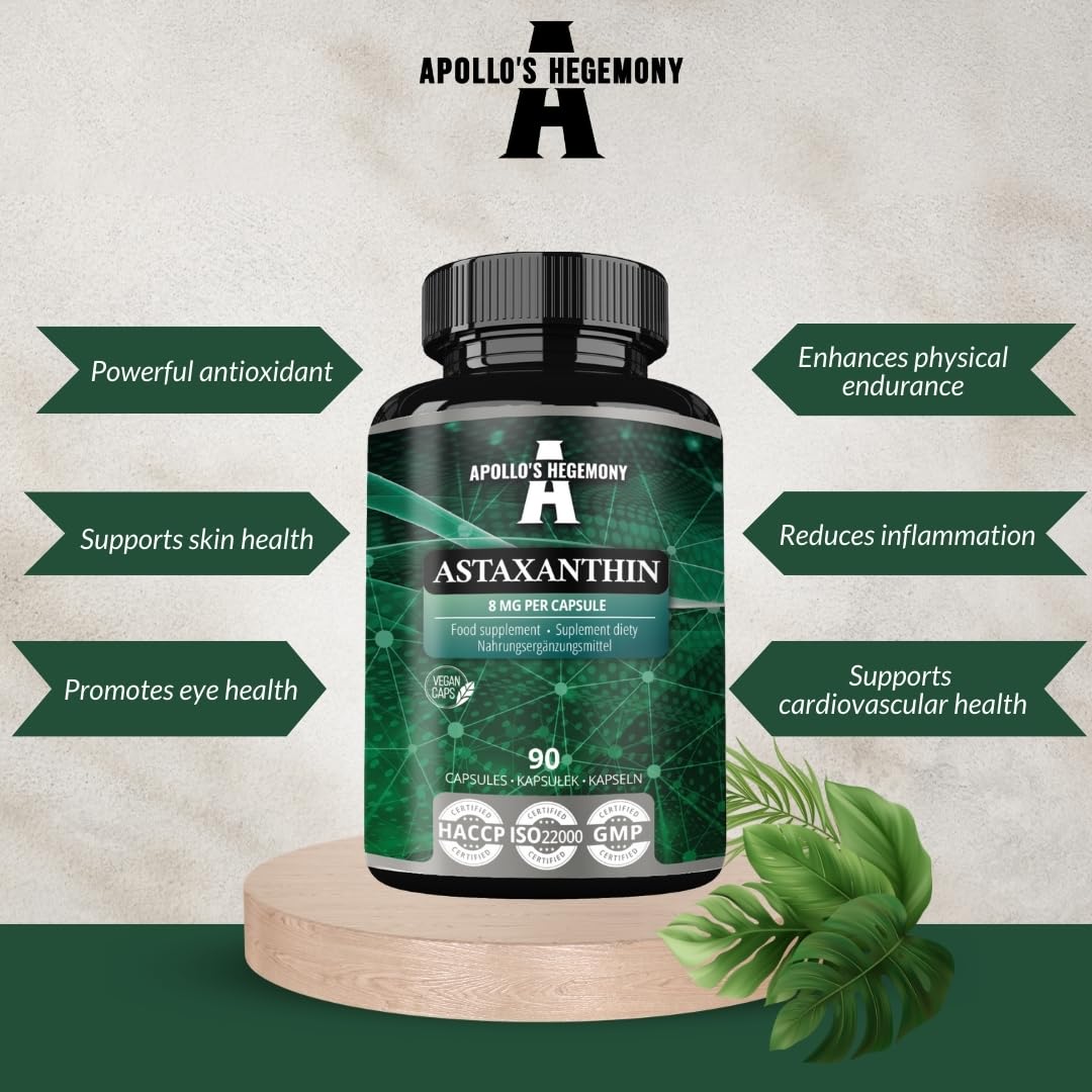 Astaxantina 8 mg da microalghe Haematococcus pluvialis - 90 capsule vegane - 3 mesi di fornitura - Potente antiossidante - Integratore alimentare - Apollo's Hegemony