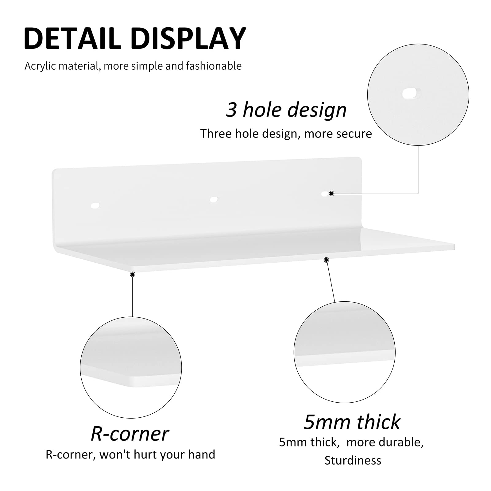 Sezanrpt 12 Inches White Acrylic Wall Shelves Set of 2, White Floating Shelf - Image 4