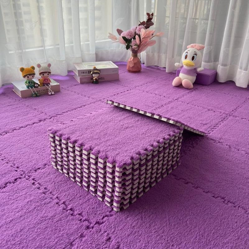 10-Pack Splicing Plush Foam Floor Mats, Soft Flannel Carpet Tiles Easy to and Assemble for Bedroom Playroom Nursery HOMEs Decor DIY Flooring(Dark Purple)