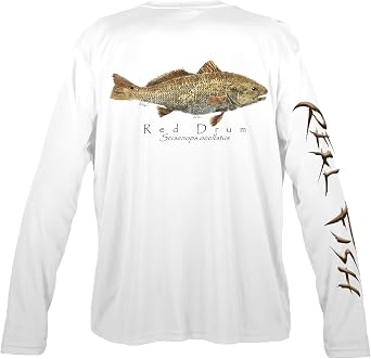 Realfish Red Drum Long Sleeve Performance Fishing Shirt, Sand with Fish Graphics