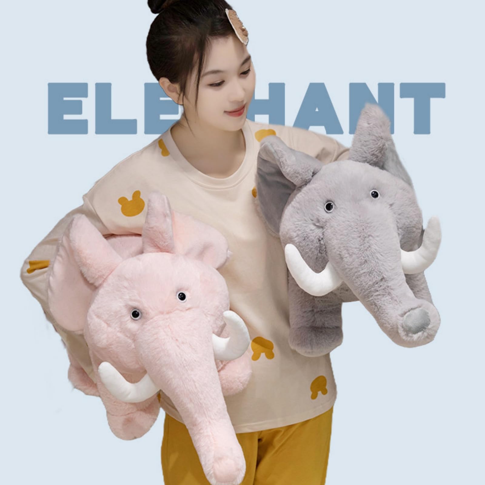 Elefant Kuscheltier, Weiches Kuscheltier in Hellgrau mit Großem Rüssel & Ohren 35/45/60cm, Kawaii Flauschiger Blauer Elefant, Gefülltes Tierfigur, für Kinder Baby Mädchen Jungen (60cm,Rosa)