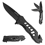 ALBATROSS Multifunction Folding Pocket Knife with Glass Breaker, Seatbelt Cutter, Spring Assisted Open, 440C Stainless Steel 3 Blade, 7.5 Overall (Black)
