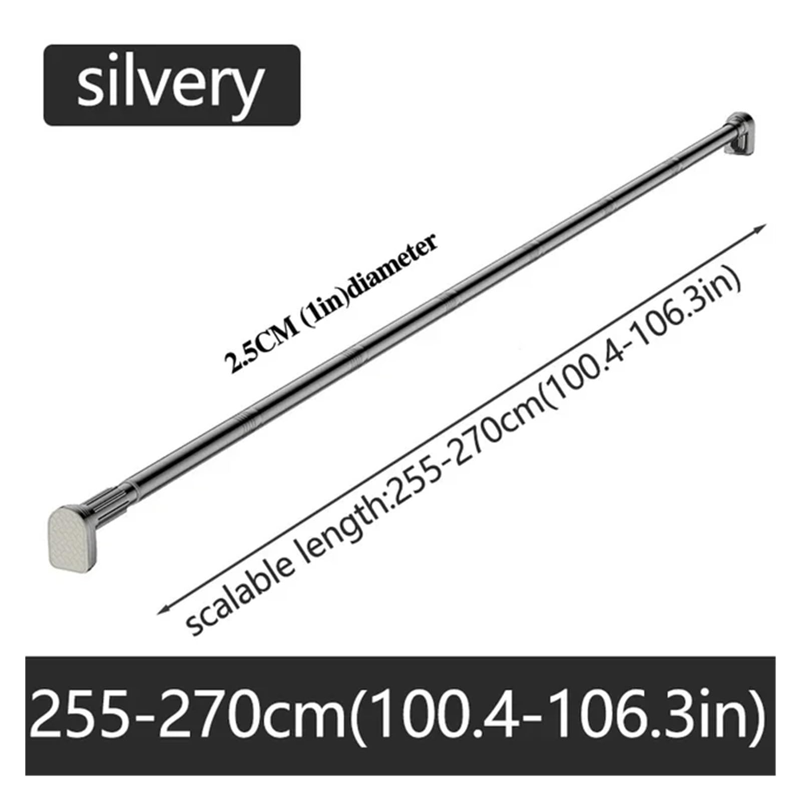 Barra de ducha inoxidable de 1,15~2,7 m | Acero inoxidable, regulable, sin taladro, telescópico, baño/lavandería(Silvery255-270CM)