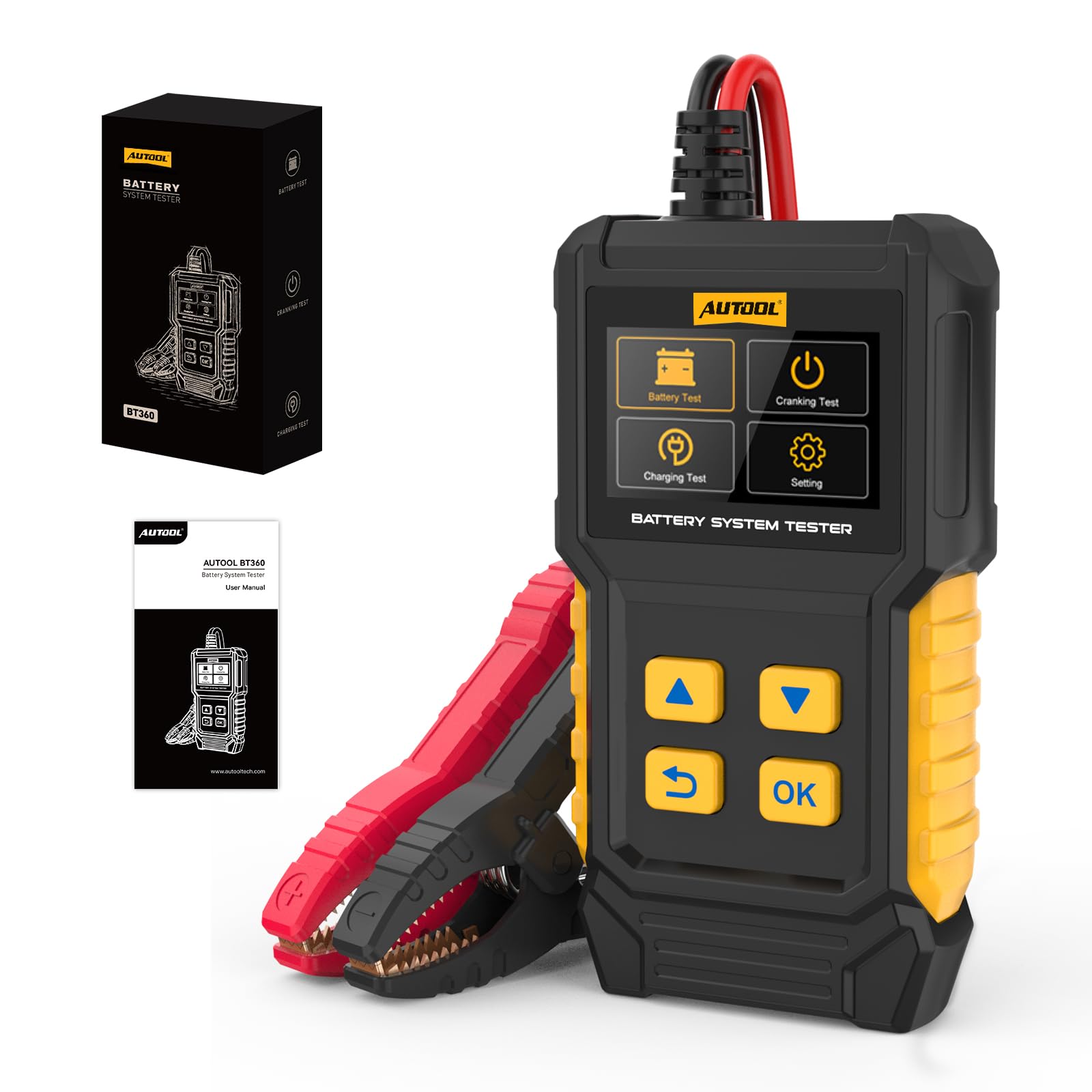 AUTOOL Tester akumulatora samochodowego 12 V, 24 V, tester generatora, 30-2000 CCA BT360, tester akumulatora samochodowego, rozrusznika do samochodu, motocykla, łodzi