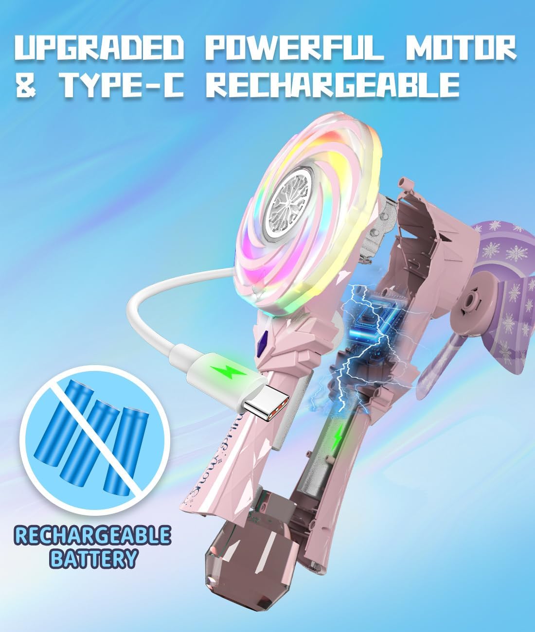 Rechargeable Bubble Wand - Bubble Machine with 7-Color RGB Light, 1200mAh USB-C Charge, Wind Driven Windmill - Bubbles Maker Toys Gifts for Kids, Toddlers, Easter, Birthday, Parties, Wedding, Girls