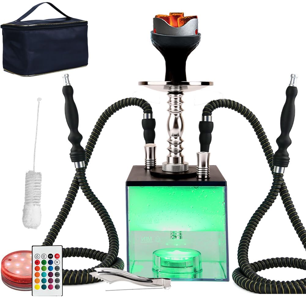 Upgraded Large Opening Design 2 Hose Hookah Set with Travel Bag and Cleaning Brush,Portable Micro Modern Cube Acrylic Hookahs with Silicone Hookah Bowl Two Leather Hose Coal Tongs Aluminum Stem,Cube Hookah with Remoted LED Light