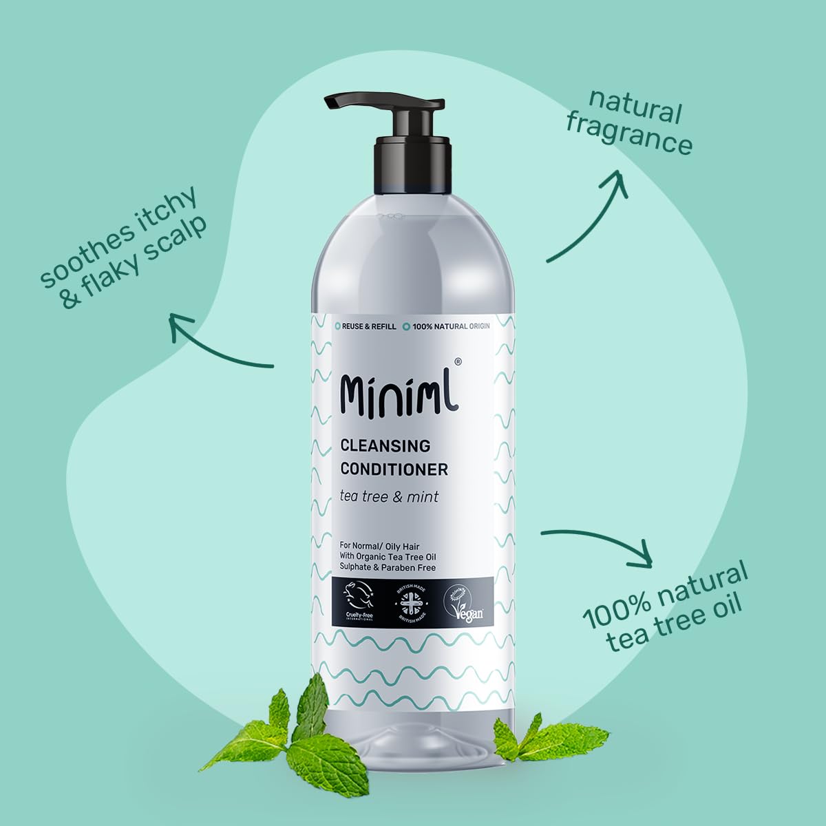 Miniml Natural Cleansing Hair Conditioner- Tea Tree and Mint, Purifying Formula, Normal to Oily Hair, Suitable for Sensitive Scalp and Skin, Sulphate and Paraben Free,Vegan and Cruelty Free, 1L Bottle - Image 2