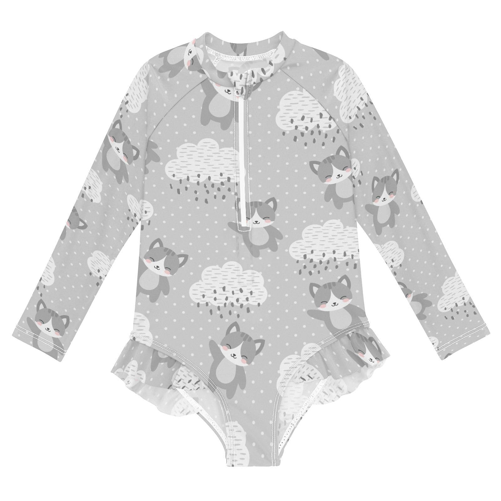 Ollabaky Baby Girls Long Sleeve Swimsuit Cat Happy Cute Kitty One Piece Bathing Suit Rash Guard UPF50+ Toddler Girl Swimwear, 4T Multi