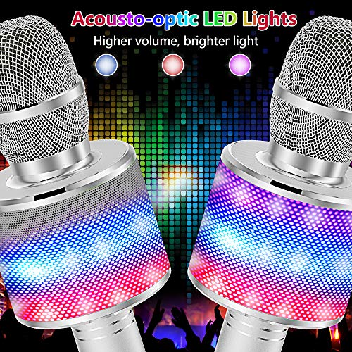 Image of Amazmic Kids Karaoke Microphone Machine Toy Bluetooth Microphone Portable Wireless Karaoke Machine Handheld with LED Lights, Gift for Children Adults Birthday Party, Home KTV(Silver)