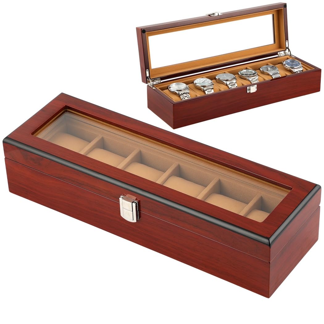 Caja de reloj de madera, organizador de relojes de 6 ranuras para hombre con parte superior de cristal, vitrina de madera lacada brillante, caja de regalo elegante para hombres, regalo del día