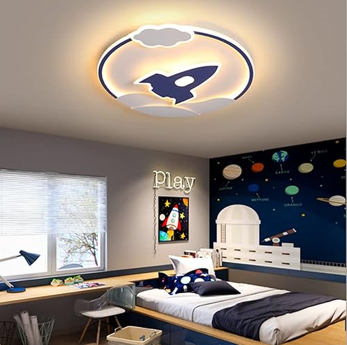 Miniatura 3 de LAKIQ Lámpara de techo LED para dormitorio de niños, diseño de cohete azul de dibujos animados, temática de avión, lámpara de montaje empotrado,