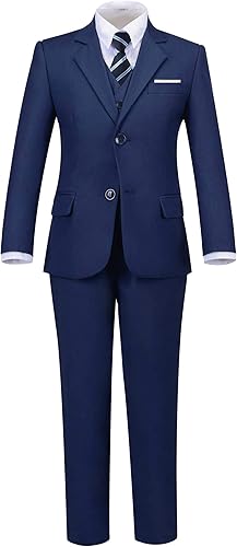 Trajes formales Silm Fit para niño de 5 piezas con camisa y chaleco, azul marino, 5 piezas (corbata a cuadros marinos), 8, Azul marino 5 piezas