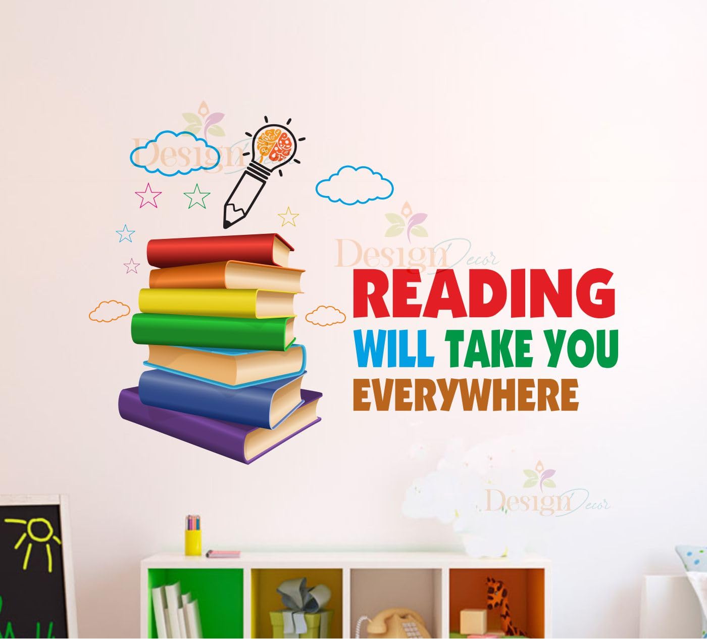 DesignDecor Reading Wall Sticker, Educational Motivational Quote Decal with Books Design, Classroom Study Room Decor for Kids Study Table Self Adhesive Vinyl Sticker
