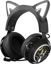 EASARS Wireless Cat Ear Headphones, Black Gaming Headset Bluetooth 5.0 for Smartphone, Retractable Mic, 50mm Drivers, RGB Lighting Headset with Mic (USB Dongle Not Included)