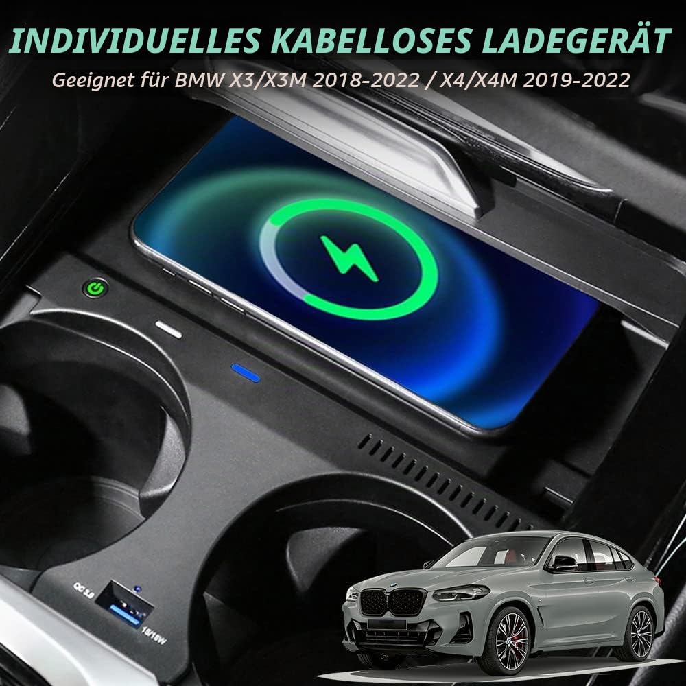 Kabelloses Ladegerät für BMW X3/IX3 (G01) 2018-2024 BMW X4 (G02) 2019-2025 | 15W Wireless Schnellladendes Handy-Ladegerät für BMW G01 G02 Center Console-Zubehörfeld Geschenk für BMW X3/iX3/X4-Besitzer