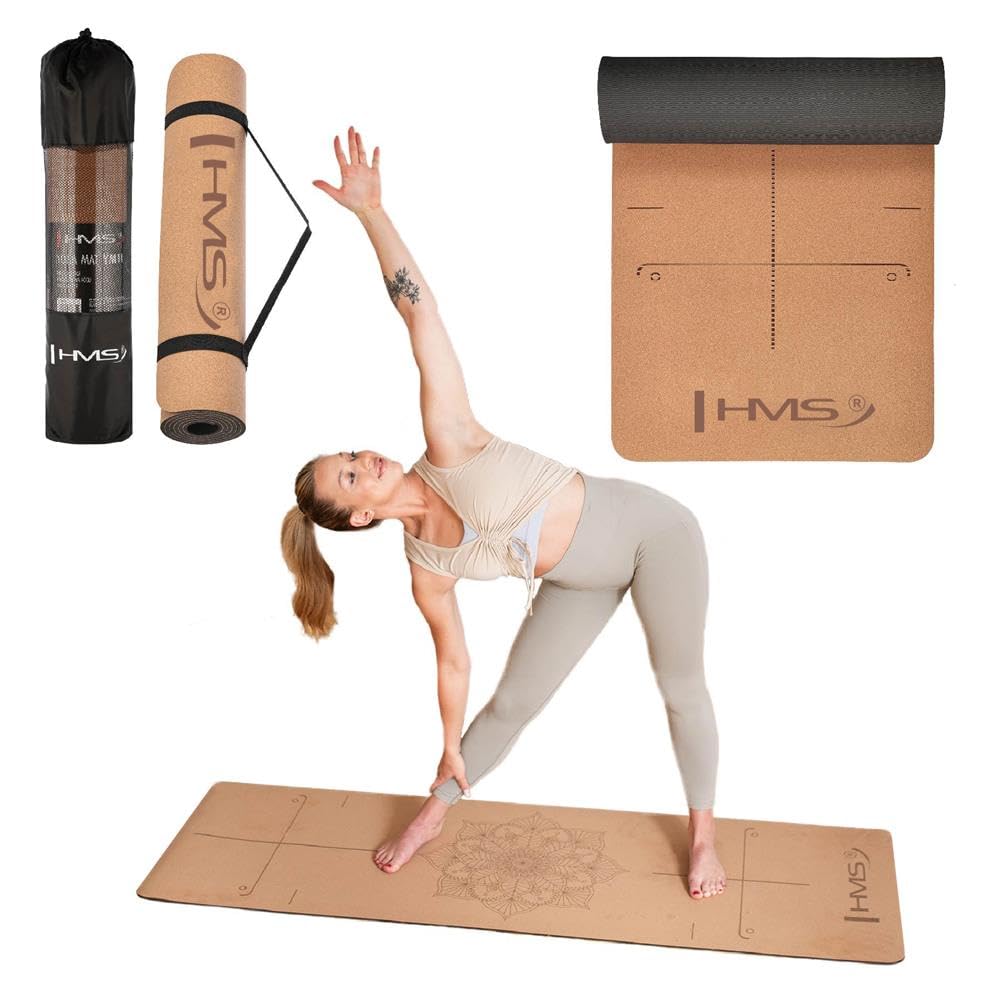 HMS YM11 - Tappetino da yoga in TPE + sughero, 182 x 61 cm, marrone/sughero naturale