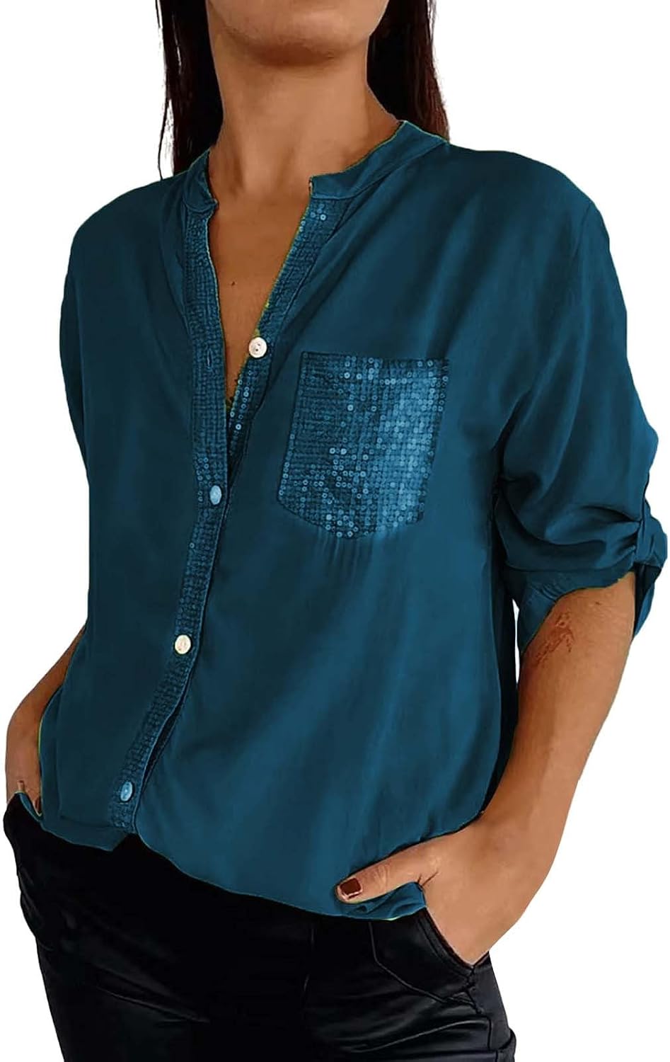 Cotton V-Neck Sequin Mid-Sleeve Casual Top,Glitter Sequin Long Sleeve V Neck Casual Tee Shirt Top for Women