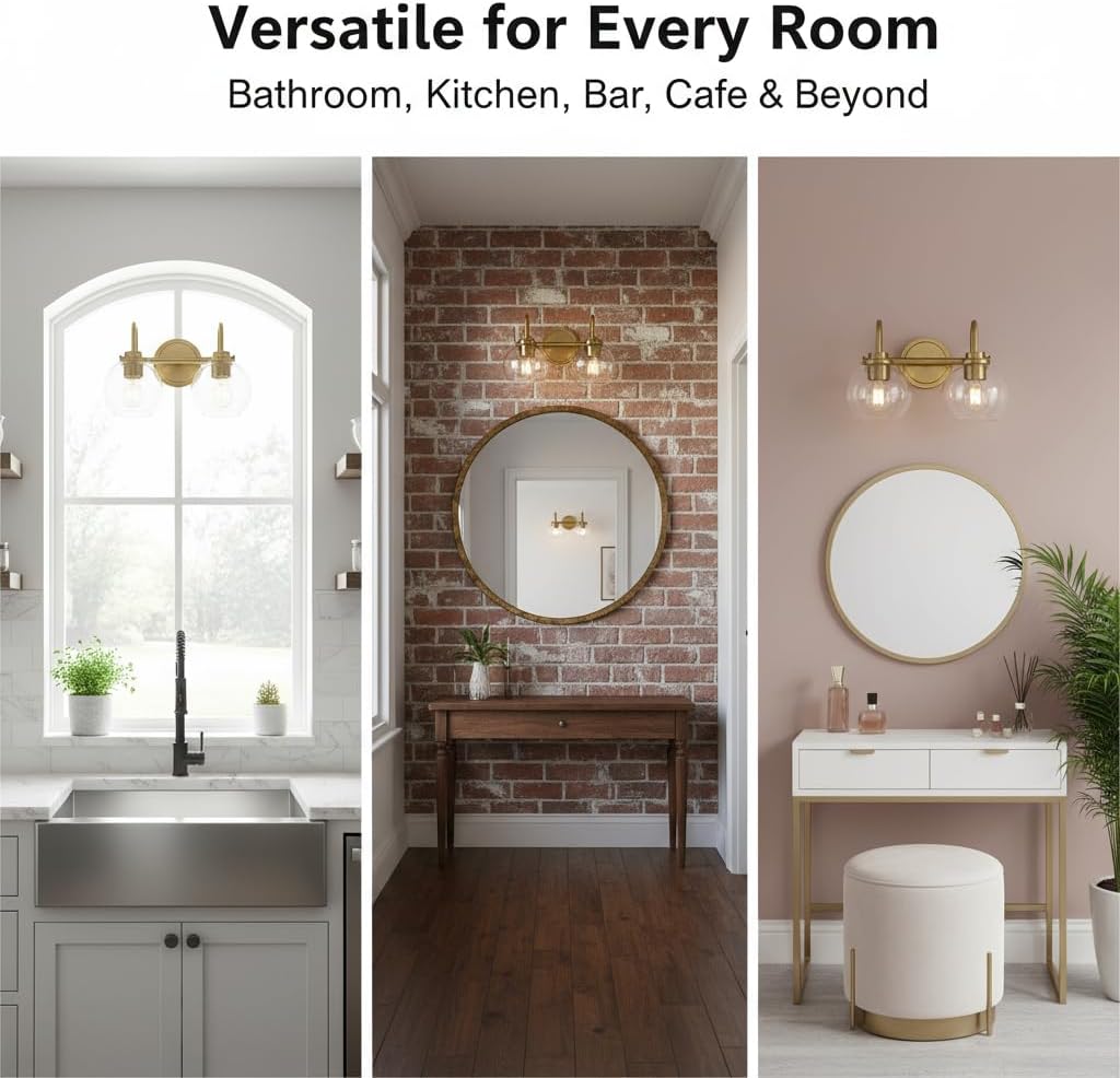 Gold Vanity Light – 2 Light Bathroom Fixture with Clear Glass Shades, Modern Wall Sconce for Mirror, Vanity Lighting for Bathroom Bedroom Hallway Living Room