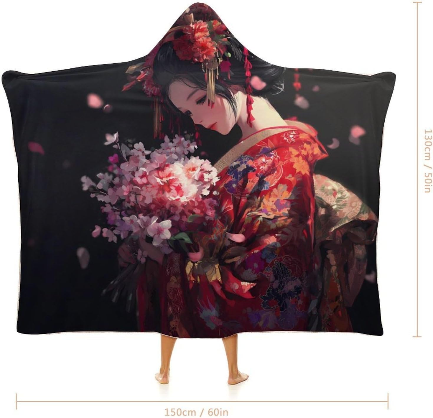 Beautiful Japanese Geisha Wearable Blanket Oversized Throw Cape | Cozy Hooded Blanket Gifts for Women Men