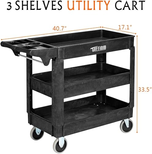 Miniatura 5 de TUFFIOM Plastic Service Utility Cart, Support 550lbs Capacity Ergonomic Handle, Heavy Duty Tub Storage Cart WDeep Shelves, Multipurpose Rolling