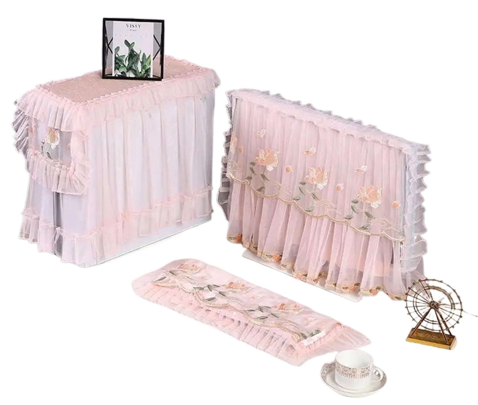 Monitor Cover 3pcs/set Fabric Lace Design Computer Desktop Dustproof Cover Cloth Keyboard Host(Color3)