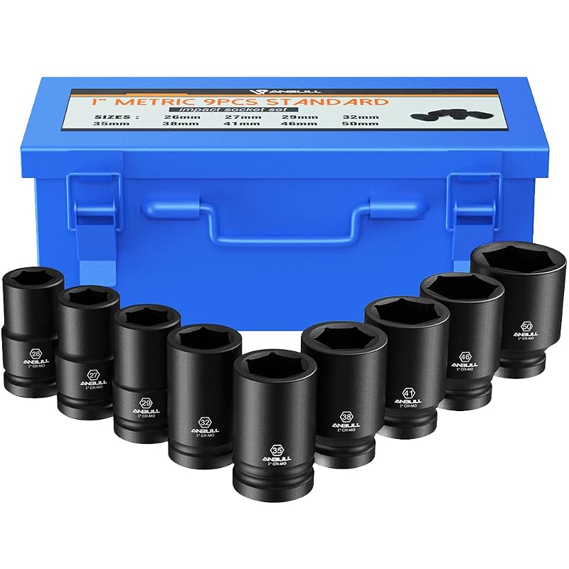 Jogo de Soquetes de Impacto Longos Anbull com Encaixe de 25,4 mm, 6 Pontos, em Aço Cromo-Molibdênio, 9 Peças Métricas