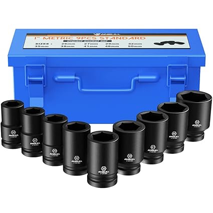 Anbull 1 Inch Drive Deep Impact Socket Set, 9 Pieces Jumbo Impact Socket Sets, 6-Point, Metric Sizes (27, 30, 32, 35, 36, 38, 41, 46, 50mm), CR-Mo Steel (1 Inch-Metric)