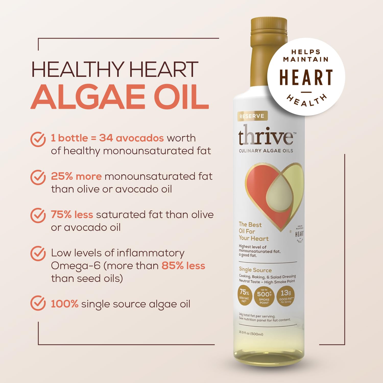 Thrive Cooking Oil - Reserve Pure Algae Oil, Heart and Health-Conscious Oil, Rich in Omega-9 Monounsaturated Fat (90%), Very Low Omega-6, 16.9 fl oz, 1 Pack