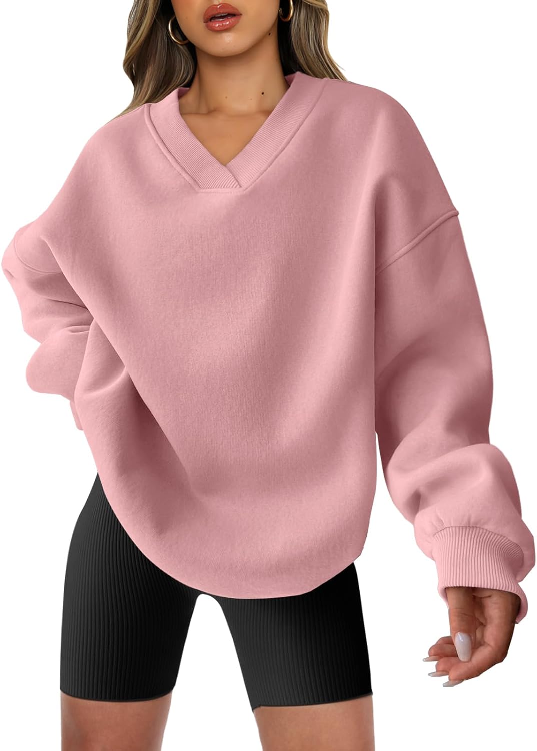 ANRABESS Womens Oversized V Neck Sweatshirt Fleece Long Sleeve Hoodies Pullover Comfy Top Outfits 2025 Teen Preppy Clothes