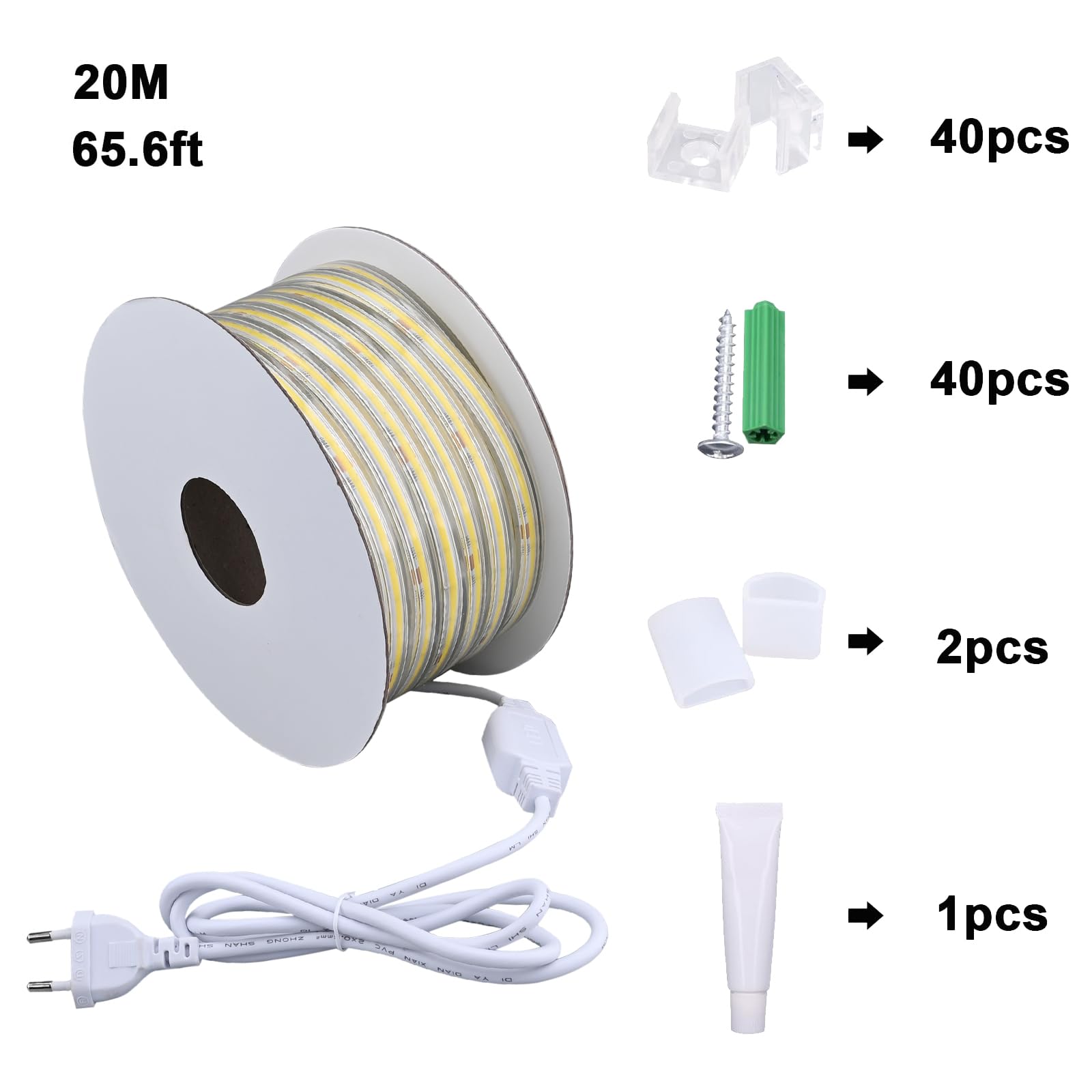 BENLUN Striscia LED COB 230V Esterno Trasparente Impermeabile IP65 20 Metri | 6000K Bianco Freddo Luci LED 220V 200W 480LEDs/M CRI 90+ con Raddrizzatore per Cortile, Giardino, Salotti, Spazi Esterni