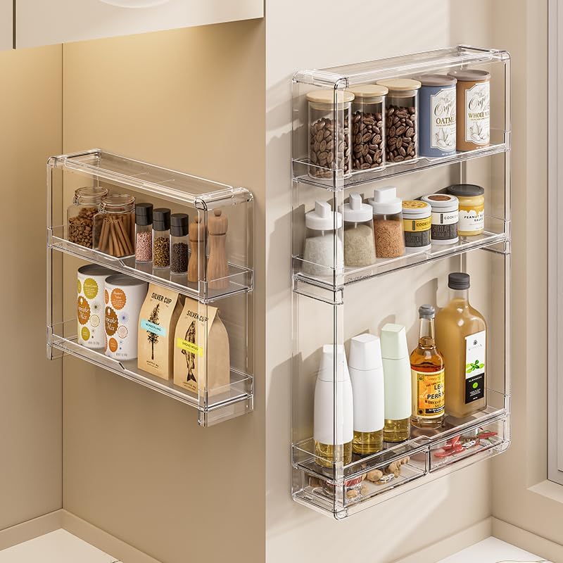 BOHOIDEE 3 Tiers Wall Acrylic Display Shelves with 2 Division Boards, Large Capactiy Acrylic Bathroom Organizer, Wall-Mounted Dustproof Makeup Organizer Storage for Bathroom, Kitchen, Room Decor