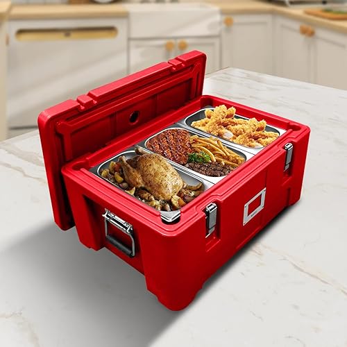 Transportador de alimentos aislado, caja caliente de 32 cuartos 30 L para catering, calentadores de sopa comerciales con 3 sartenes de acero