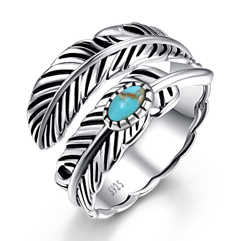 AVECON925 Sterling Silver Ring Feather Ring/Feather Turquoise Rings Adjustable Feather Ring Stacking Ring Vintage Statement Ring for Women & Men