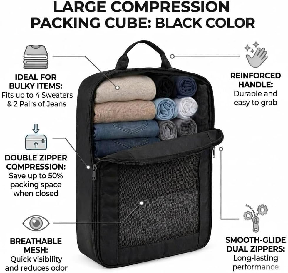 G-FORCE 3PC Compression Mesh Mid-Rectangular Packing Cube Set Black Color | Space Saver Travel Organizer | Luggage Compression Cubes