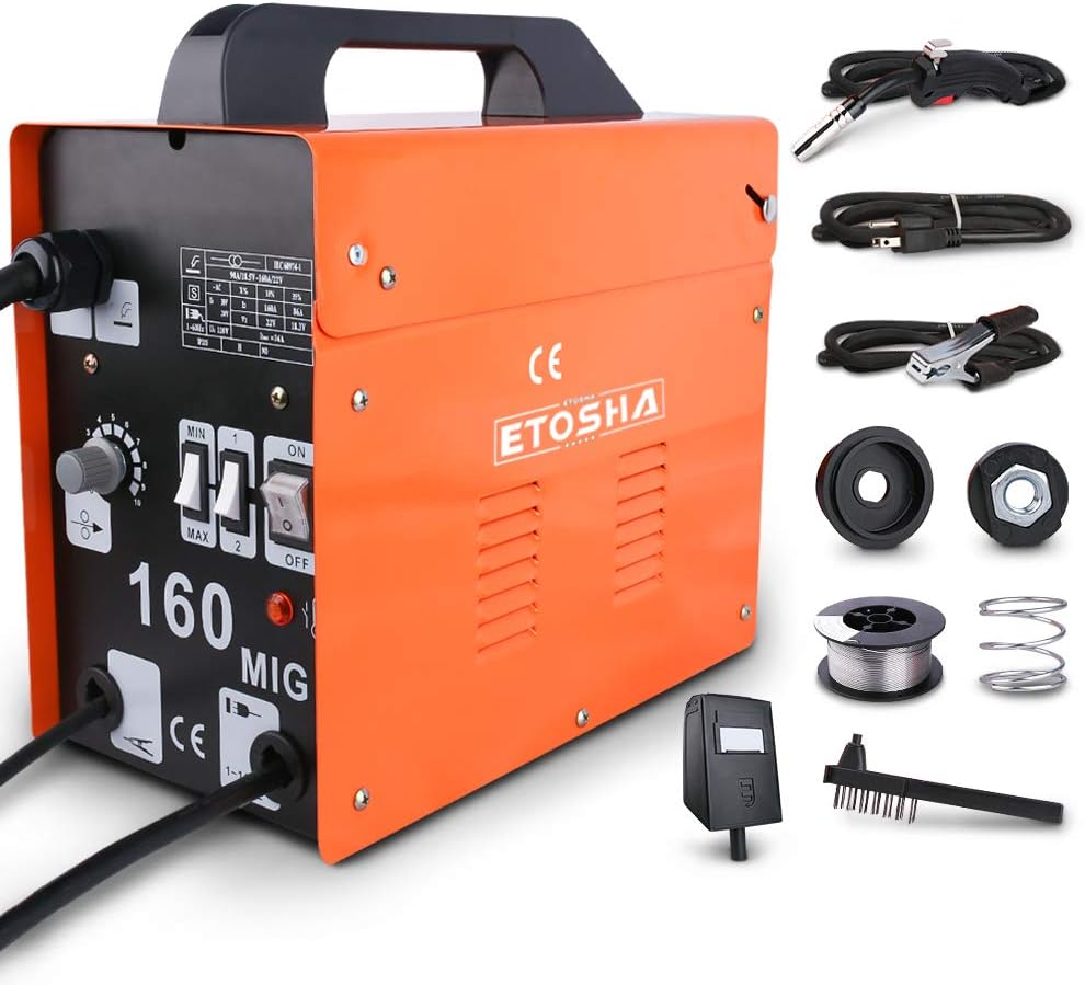 ETOSHA MIG 160 Welder Portable Flux Core Wire Gasless Automatic Wire Feeding Welder,160A ARC Welder Machine with Welding Gun, Grounding Clamp, Input Power Adapter Cable and Brush(Orange) - - 
