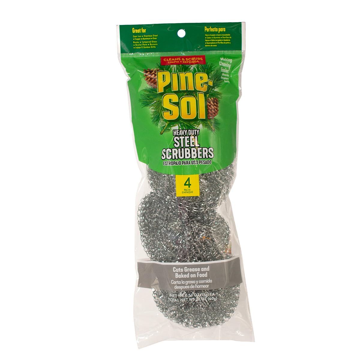 Pine-Sol Heavy-Duty Stainless Steel Scrubbers | Won’t Rust or Splinter | Scrub Sponges for Cast Iron, Oven Racks, Grills, 4 Pack