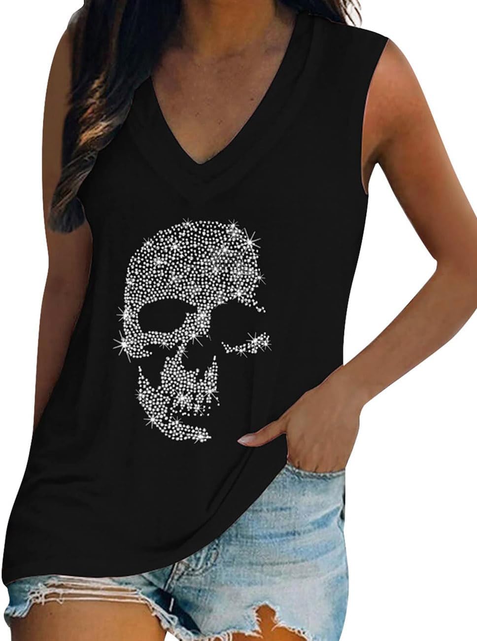 Fronage Women's Rhinestone Skull Tank Tops Loose Graphic V Neck Sleeveless Tee Shirt