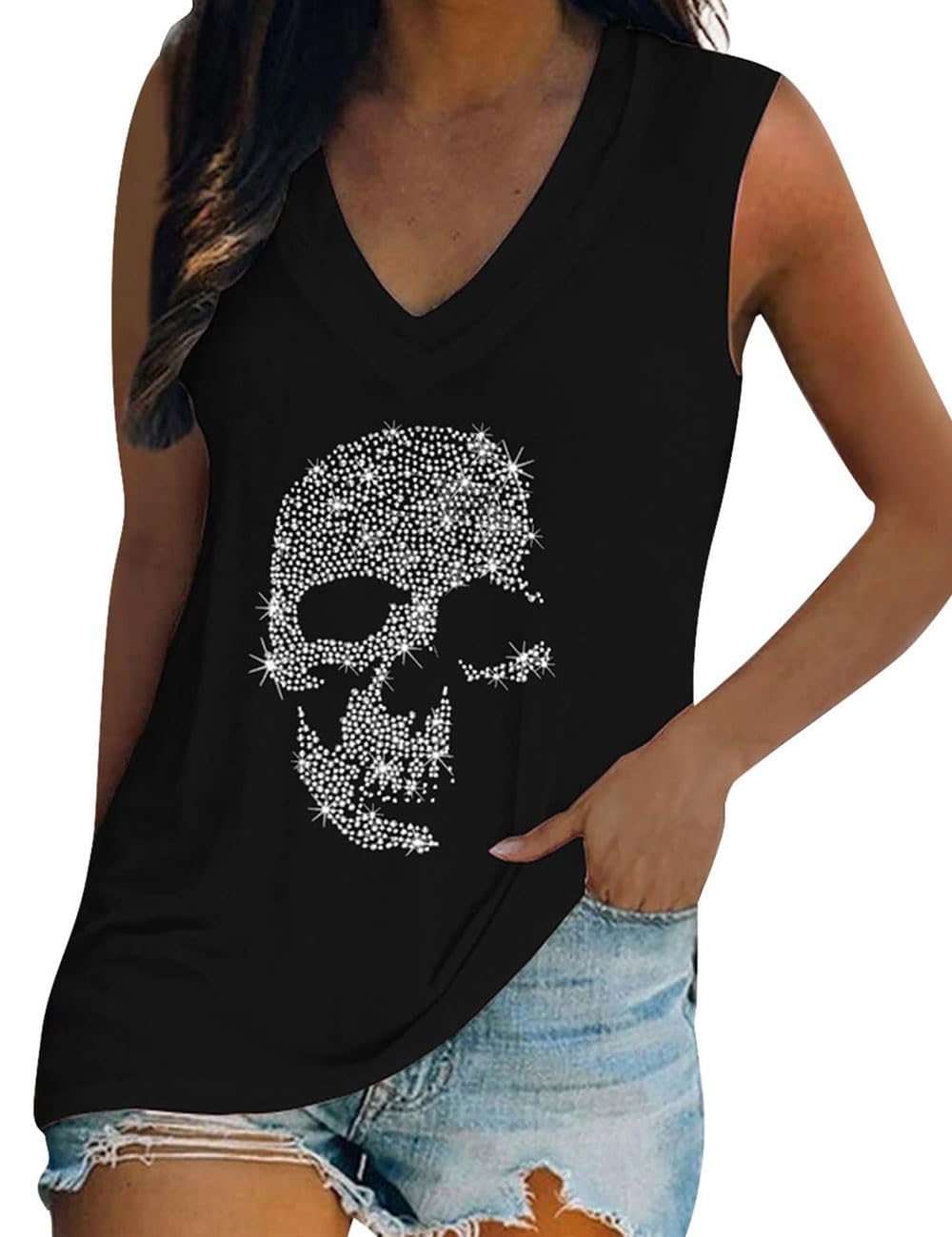 FronageWomen's Rhinestone Skull Tank Tops Loose Graphic V Neck Sleeveless Tee Shirt