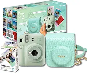 Kit Câmera Instax Mini 12 com pack 10 fotos Mermaid Tail e Bolsa Verde