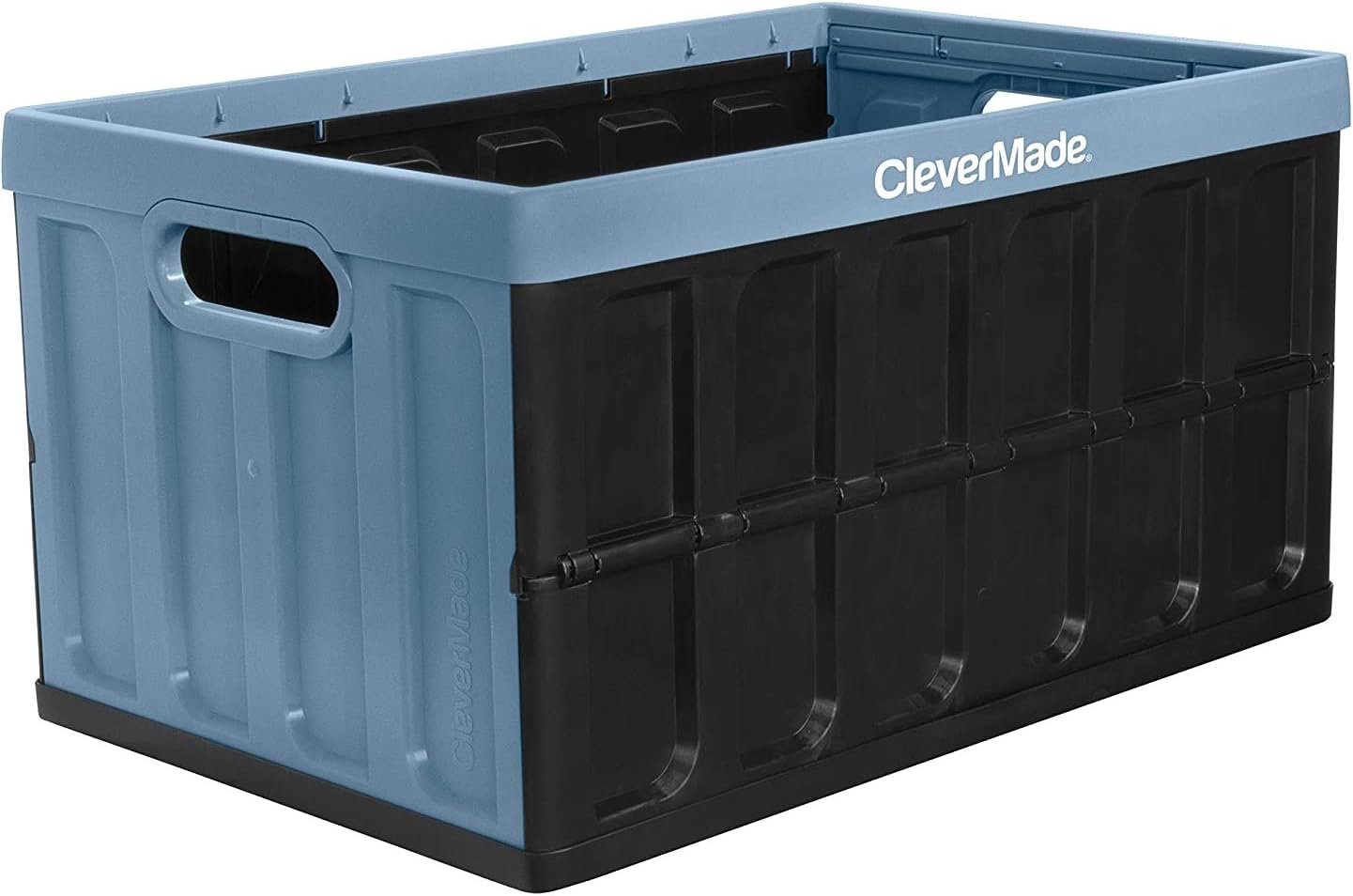 HAO CleverMade 62L Collapsible Storage Bins with Lids Folding Plastic Stackable Utility Crates Solid Wall CleverCrates, Slate Blue